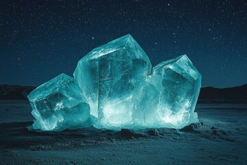 Glowing turquoise ice crystals on a desert night sky