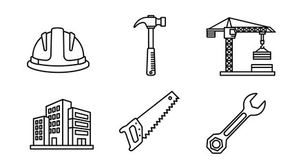 Fototapeta premium Outline drawing featuring construction tools and a building, arranged in a structured manner