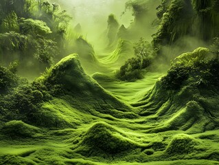 Lush green mossy landscape with misty forest path