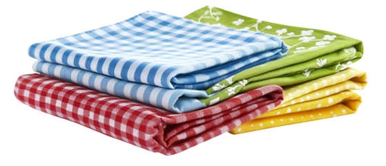 Neatly folded colorful kitchen towels showcase checkered and polka dot patterns on a transparent background providing an excellent display.