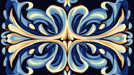 Intricate symmetrical floral design in shades of blue and cream.