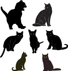 A collection of various black cat silhouettes captured in different poses, showcasing their elegant forms and often mysterious allure. Each cat features piercing eyes in shades of gold, green, or ambe