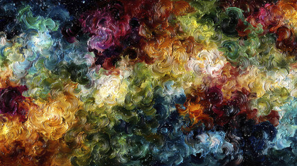 Fototapeta premium Impressionist cosmic swirl of colorful stellar remnants with rich texture and vibrant hues blending in dynamic abstract pattern full of energy and depth