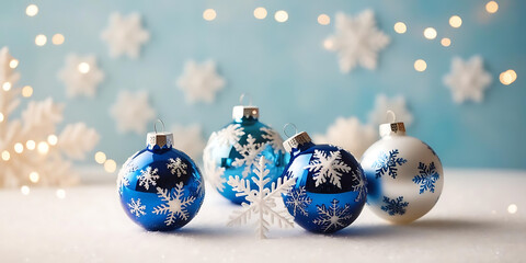 Sparkling Blue and White Christmas Ornaments with Snowflakes

