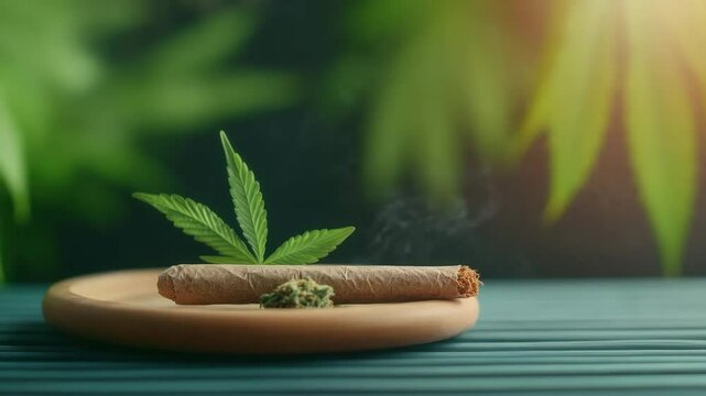 Cannabis leaf and smoking joint on wooden plate with green blurred background and sunlight creating calm natural atmosphere featuring marijuana bud and smoke from rolled joint