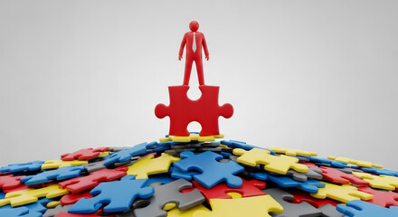 Conceptual 3D Render of Red Human Figure Standing Atop Red Puzzle Piece Amidst Colorful Pile Illustrating Leadership and Success on White Background