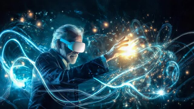 An old man interacts with a neural network display and the glowing connections of AI. The concept of technology, and the fusion of human intellect with advanced machine learning. Generative AI.