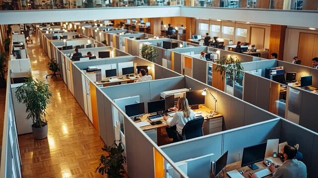 Office workspaces with people working