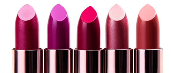 Close up shows a vibrant array of lipsticks in shades of pink, rose, and red, offering a luxurious beauty and cosmetic concept, transparent background