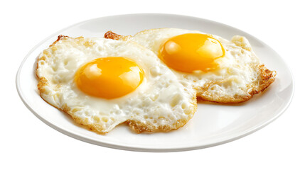 two fried eggs on a plate on a white table
