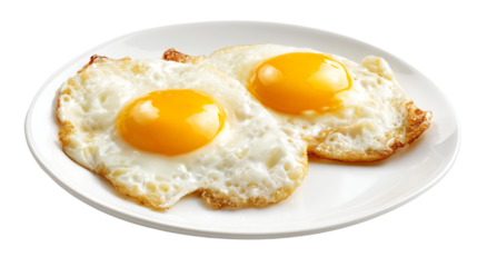 two fried eggs on a plate on a white table