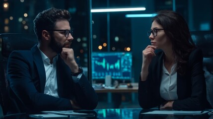 Professional business meeting in a dimly lit office with a man and woman in formal attire, seated at a reflective table, both wearing glasses and resting their chins on their hands. Behind them