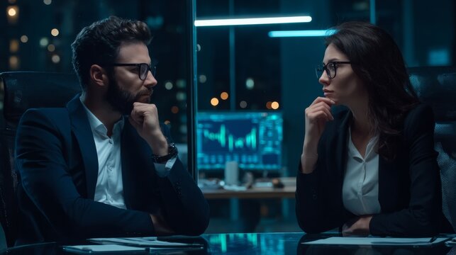 Professional business meeting in a dimly lit office with a man and woman in formal attire, seated at a reflective table, both wearing glasses and resting their chins on their hands. Behind them