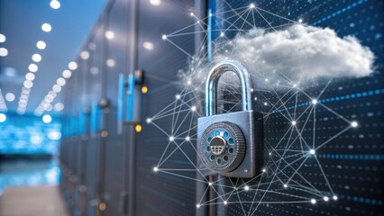A close-up of a padlock symbolizing cybersecurity, with network lines and a cloud icon indicating cloud data protection in a digital server room.