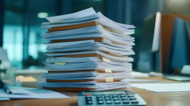 Stack of paperwork and folders on office desk with calculator and documents, organized business finance papers, showing busy work environment and finance report pile