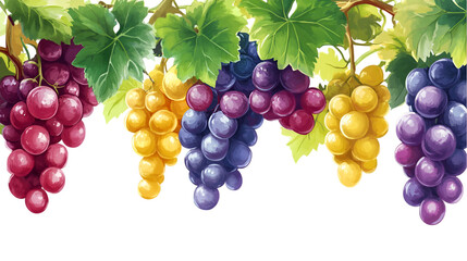 Colorful bunches of grapes in red, yellow and blue with lush green leaves presented on a transparent background offer an artistic vibe.