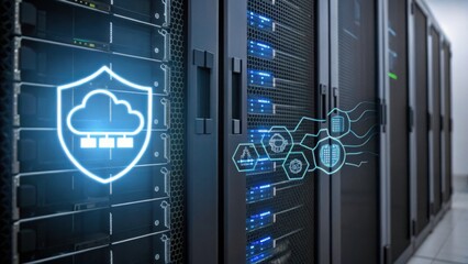 A modern server room with digital cloud security icons overlay, highlighting data protection and cloud computing technologies.