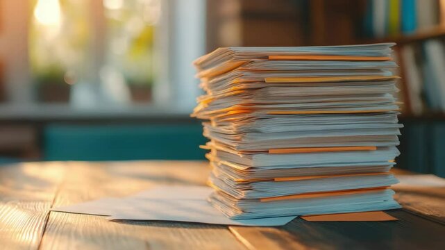 Stack of paper document with orange tab on wooden table bathed in warm sunlight, office workspace with blurred background showcasing paperwork and calm productive atmosphere