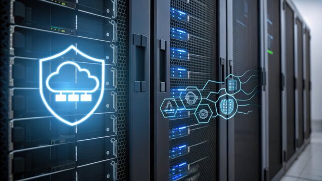 A modern server room with digital cloud security icons overlay, highlighting data protection and cloud computing technologies. - Powered by Adobe