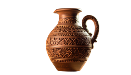 A Close up of an ornate clay jug with handle and decorative pattern designs.