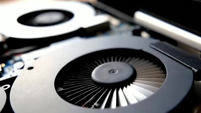 Close-up of laptop cooling fans with rotating blades, showing internal components and technological details