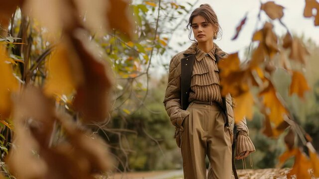 Stylish woman models fall fashion in a serene outdoor setting surrounded by colorful autumn leaves