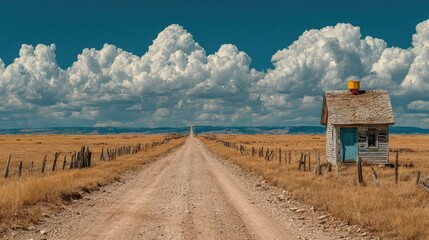 Dusty road winds through vast prairie landscape, small weathered cabin