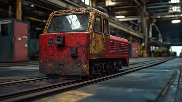 Old Red Train Engine on Tracks in Industrial Setting with Soft Lighting and Dark Blue Accents Creates an Atmosphere of Industrial Decay and Vintage Charm