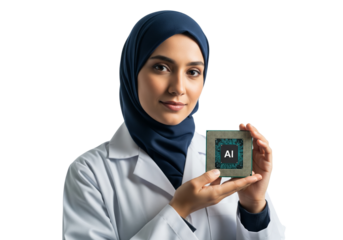  Woman in Hijab Presenting Artificial Intelligence Microprocessor

