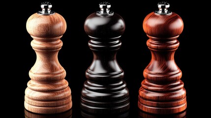 Three colorful wooden pepper grinders stand on a reflective surface.