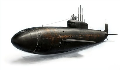 A detailed sketch of an aged submarine rests on a white background