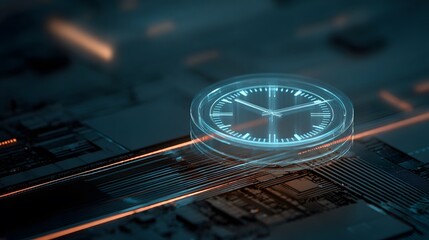 Futuristic holographic projection clock hovering over digital workstation neon tech background AI driven virtual time display high resolution cyberpunk clock visual isometric angle  