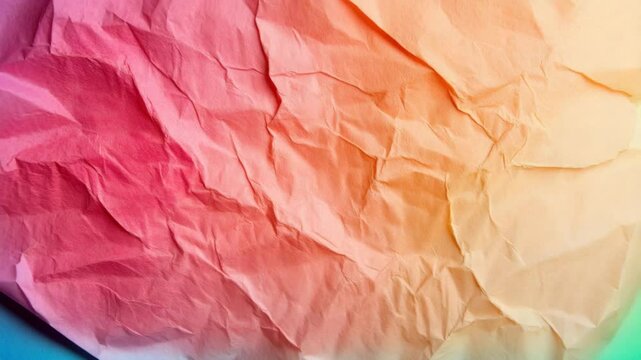 Crumpled paper texture with gradient colorful blending from pink, orange, and blue creating vibrant abstract background with visible folds and creases adding depth and dynamic artistic effect