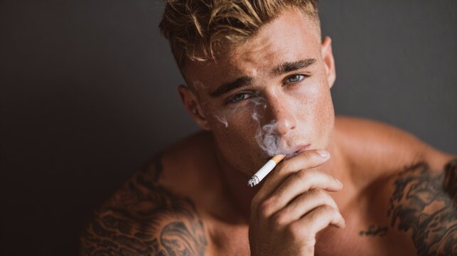 an attractive young male model smoking a cigarette