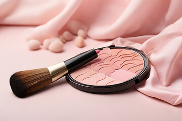 Colorful cosmetic makeup brushes and powder palettes for beauty and glamour