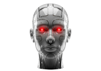 Futuristic Robot Head with Glowing Red Eyes AI and Artificial Intelligence Concept