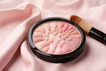 Colorful cosmetic makeup brushes and powder palettes for beauty and glamour