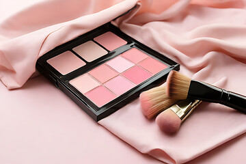 Colorful cosmetic makeup brushes and powder palettes for beauty and glamour