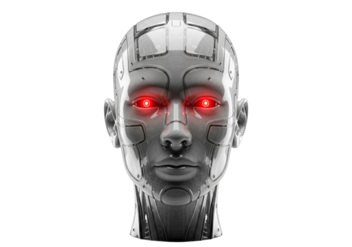 Futuristic Robot Head with Glowing Red Eyes AI and Artificial Intelligence Concept