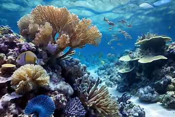 Coral Reef Undersea Vista: A vibrant underwater scene explodes with life as coral formations teem with diverse marine life, presenting a vivid tableau of the ocean's depths.