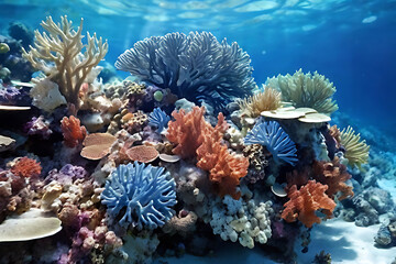Underwater nature's celebration: a vibrant coral reef teeming with tropical fish and blue marine plants, reminiscent of a Christmas tree