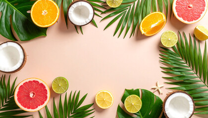 Tropical fruits & palm leaves arranged in a frame on a peach background, leaving a central empty space; halved citrus fruits, coconut halves & a starfish are included