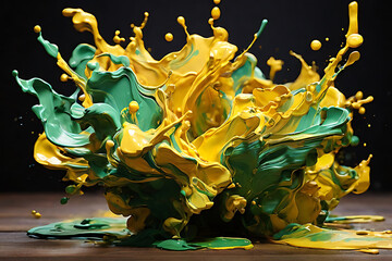 Colorful red and yellow liquid paint splashes on a black background, a vibrant illustration of abstract color and light