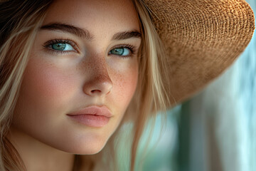 Young woman model in sun hat with freckles and green eyes.