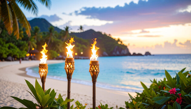 Three tiki torches burn brightly on a pristine beach at sunset, casting a warm glow against the backdrop of a tranquil ocean and lush tropical vegetation