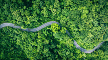 Aerial view of a road in the middle of the forest , road curve construction up to mountain