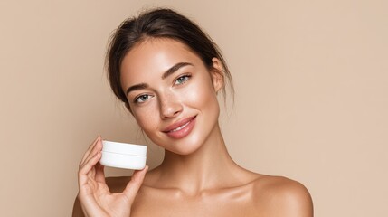 portrait of a woman holding up a skincare product