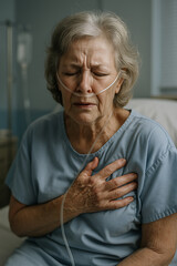 Elderly Woman in Hospital with Chest Pain and Oxygen, 
Senior Patient Experiencing Breathing Difficulty or Heart Distress, Medical Emergency: Older Woman with Nasal in Pain.