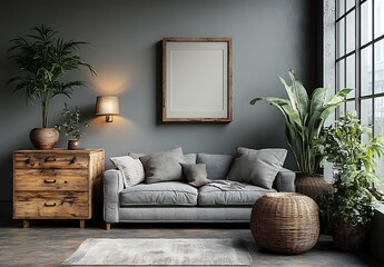 Modern Living Room with Gray Sofa Plants and Blank Frame on Dark Wall

