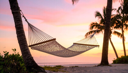 Serene hammock slung between palm trees on a tranquil beach at sunset, soft pastel hues paint the sky